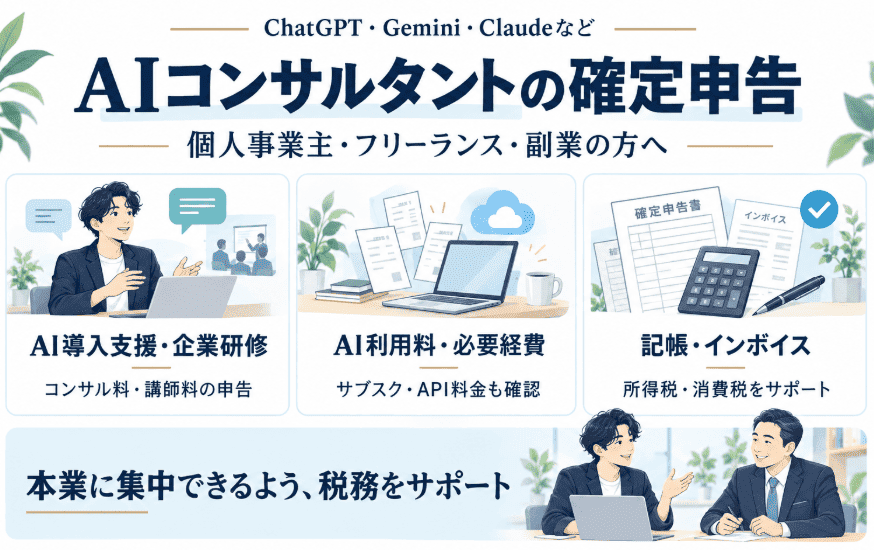 AIコンサルタントの確定申告。AI導入支援・企業研修の報酬、AI利用料の経費処理、記帳・インボイス対応を当税理士事務所が行います