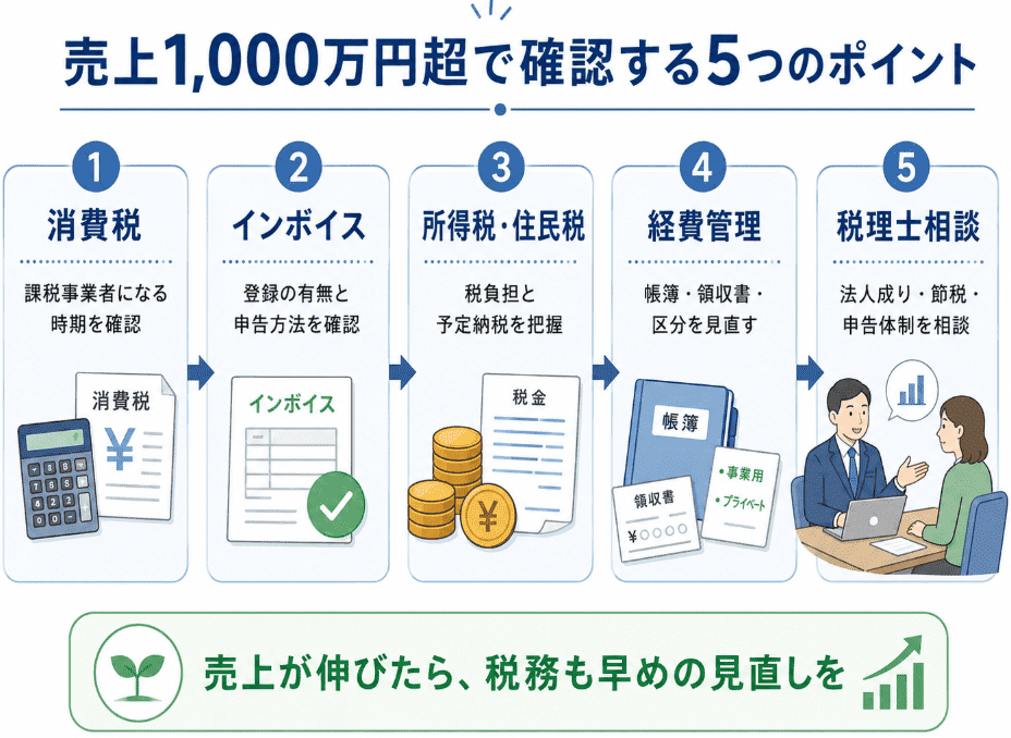 売上1,000万円を超えた場合の確認ポイント5つの図